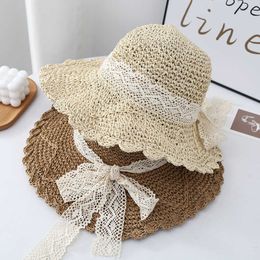 Wide Brim Hats Summer Women Straw Hat Bowknot Wide Brim Floppy Panama Hats Female Lady Outdoor Foldable Beach Sun Cap G230227
