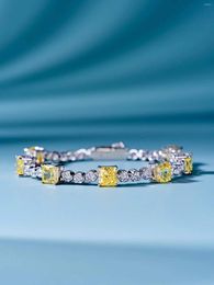 Charm Bracelets Classic 925 Sterling Silver Square Diamond Tennis Chain Yellow Zircon Crystal Bracelet Wedding Jewellery Women Bangle