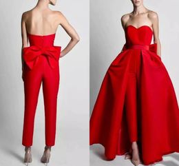 Red Jumpsuits Evening Dress Detachable Train 2023 Sweetheart Satin with Bow Prom Formal Party Gowns for Women Christmas Abendkleider Vestidos De Feast