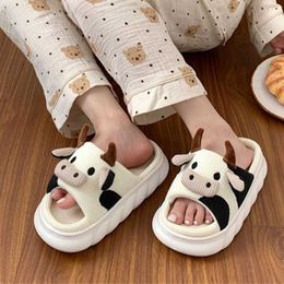 Slippers Linen Cows Women's Slippers Four Seasons Indoor Home Sandals Slippers for Women Cute Cartoon Milk Cow House Slippers Funny Shoes Z0215