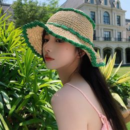 Wide Brim Hats Korean Version Woven Straw Hat Women Hollow Breathable Anti-ultraviolet Visor Summer Seaside Vacation Sun Protection Bucket Cap G230227