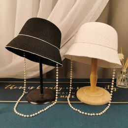 Wide Brim Hats 2021 Fashion Summer Pearl Chain Flat Sun Hats for Women Straw Hat Panama Beach Bucket Cap G230227