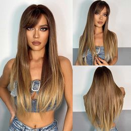 Synthetic Wigs Easihair Long Straight Brown Ombre Synthetic Wigs for Women Natural Hair with Bangs Cosplay Heat Resistant 230227