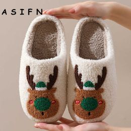 Slippers ASIFN Cute Winter Slippers Elk Cotton House Fur Cute Cushion Slides Bedroom Ladies Female Plush Winter Shoes Merry Christmas Z0215