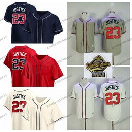 Mens 23 David Justice Baseball Jerseys Vintage 1995 WS White Grey Navy Blue White Stitched Shirts