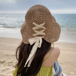 Wide Brim Hats K363-Straw hat female lace bow hollow-out crochet hat summer sunshade sun hat fashion foldable basin hat female hat G230227