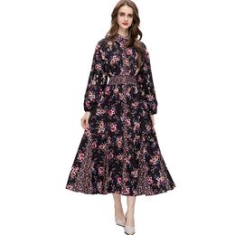 Women's Runway Dresses Turn Down Collar Long Sleeves Printed Floral Single Breasted High Street Vestidos