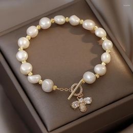 Bangle 2023 Elegant Baroque Natural Pearl String Bracelet For Woman Luxury Zircon Bee Pendant Fashion Girl&#39;s Sweet Jewellery