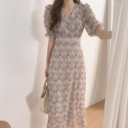 Party Dresses 2023 Elegant Summer Dress Women Vintage Floral Print High Waist V-Neck Short Sleeve Casual Women's Ankle-Length Robe