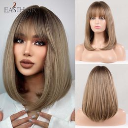 Synthetic Wigs Easihair Shoulder Length Bob Wigs for Women Synthetic Hair Brown Blonde with Neat Bangs Cosplay Heat Resistant 230227