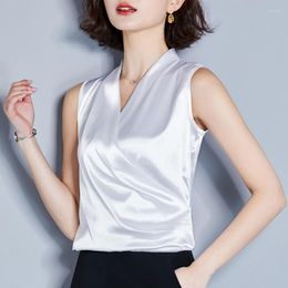 Women's Blouses Women Sleeveless Sexy V-Neck Soft Smooth Satin Shirt Work Tops Office Ladies Chic Casual Tunic Summer Ruched Cross Wrap