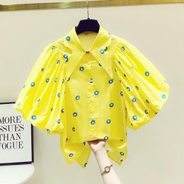 Women's Blouses & Shirts Summer Design Printed Women Puff Sleeves Butterfly Collar Half Sleeve Yellow With Blue Flowers Loose TopWomen's