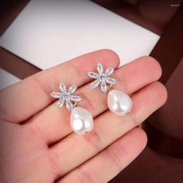 Stud Earrings Crystal Snowflake Dangle Female Zircon Flower Drop Earring Irregular Pearl Design Wedding Party Jewellery