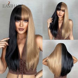 Synthetic Wigs Long Straight Synthetic Wigs with Bangs Half Black Blonde Christmas Wig for Women Cosplay Natural Hair Heat Resistant Fibre 230227