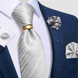 Neck Ties Classic Gray Striped Ties For Men Black Blue Red Men's Wedding Party Neck Tie Set Hanky Cufflinks Brooch Pin Gift For Men J230227