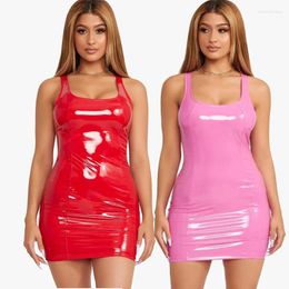 Casual Dresses Tank Top Bodycon Dress Women Sexy Fashion Clothing 2023 Sleeveless O Neck Pu Mini Ladies Night Club Wear Colorful