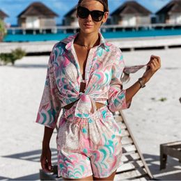 Womens Two Piece Pants FUFUCAILLM 2pcs Beach Styles Satin Sets Women Fashion Scenery Pattern Buttondown Shirts and Shorts Summer Casual Sets 230228