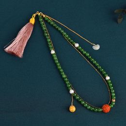 Chains Original Spinach Green Russian Material Jasper Beaded Necklaces For Women Girls Double Layer Jade Pearl Embellishment JewelryChains