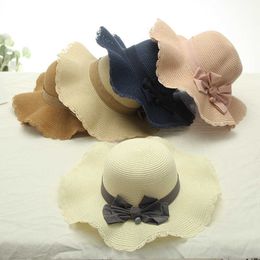 Wide Brim Hats Straw-Hat Sun hat Women Sun Protection Fashion Beach Elegant Holiday New Straw Hats Wave Bow Summer Collapsible Wide-Brim G230227