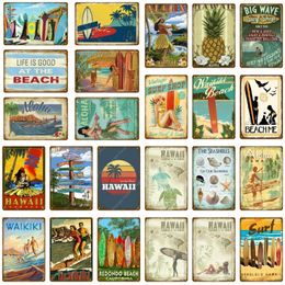 Vintage Surf Shop Decor Aloha Hawaii Metal Tin Signs Wall Art Painting Plate Seaside Bar Pub Club Plaque Waikiki Beach Poster 30X20cm Woo