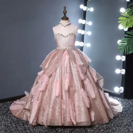 Lovely Wedding Flower Girl Dresses Sheer Neck Ball Gown Kids Birthday Party Gowns Crystal Beaded Bow Tie Toddler Pageant Wears 403