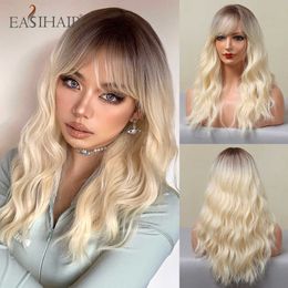 Synthetic Wigs Easihair Brown to Blonde Ombre Synthetic Wigs for Women Medium Length Natural Wavy Heat Resistant Light Cosplay Wig 230227