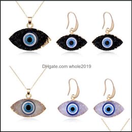 Earrings Necklace Blue Inspired Evil Eye Druzy Drusy Pendant Jewellery Set Resin Quartz Crystal Fashion For Women Drop Delivery Sets Dhwsi