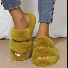 Slippers Fashion Women Fluffy Slippers Winter Warm Slippers Woman Flat Platform Slippers High Quality Furry Faux Fur Slides for Women 43 Z0215