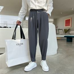 Men's Pants Fashion Spring Summer Pants Men Tapered Bottom Slit Trousers Korean Style White Khaki Black Elastic Waist Casual Pants Man 230228