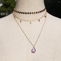 Chains 2023 Trendy Jewelry Choker Necklace 3 Layers Nature Stone Purple Crystal Round Disc Chain Handmade Beaded Girl