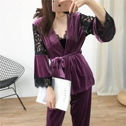 Womens Sleepwear Lisacmvpnel 3 Pcs Gold velvet Keep Warm Pajamas Lace Sexy RobeNightdressLong Pant Set Pyjama For Women 230227