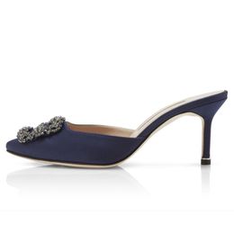 Fashion Women Sandals NADIRA 70 mm Pumps Navy Blue Light Beige Satin Jewel Buckle Mules Italy Lady Luxury Pointed Toes Slingback Designer Sandal High Heels Box EU 35-43