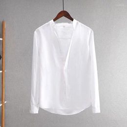 Men's T Shirts ICOOL Men's Linen White Casual T-shirt With Stand Collar Full Sleeves Black Green Blue Color High Quality