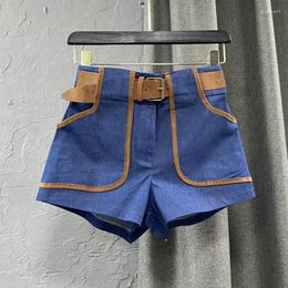 Shorts femininos outono 2023 chegada azul escuro denim com cinto streetwear feminino jeans curtos gc327