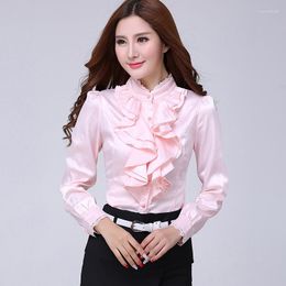 Women's Blouses Formal Business Women White Tops Blouse Long Sleeve Womens Work Flounce Frill Shirts Stand Collar Office Ladies Camisa