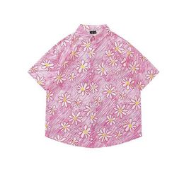 Men's Casual Shirts Graffiti Flower Pink Short Sleeve Shirt Retro Loose Couple Shirts Men and Women for Summer Z0224