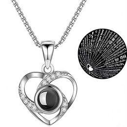 Heart Shaped Projection Necklace Silver Plated Pendant 100 Languages I Love You Collar Chain Same Style