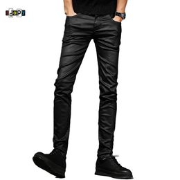 Идопия мужская покрытая восковая черная панк -стиль мотоциклетные джинсы Slim Fit Biker Jadim Pants для Male232Z