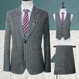 Men's Suits Blazers 2023 For Men 3 Pcs Casual Slim Fit Summer Grey Linen White Stripe Blazer Vest Pants Set Formal Wedding Tuxedos Groom 230227