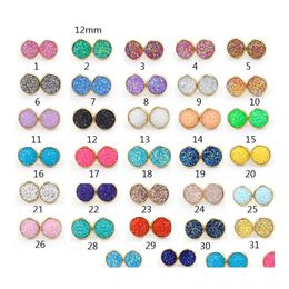 car dvr Stud Round Gold Plated 12Mm Resin Druzy Drusy Earrings Handmade For Women Jewellery Men Drop Delivery Dhrda