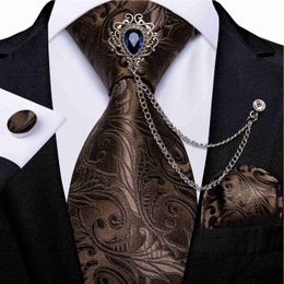 Neck Ties Brown Paisley Ties For Men Wedding Party Men's Neck Tie Set Hanky Cufflinks Blue Crystal Brooch Chain Gift For Men DiBanGu J230227