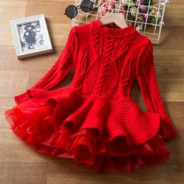 Girl's Dresses Girls Long Sleeve Knitting Dresses AutumnWinter Warm Birthday Party Ruffle Princess Costume Kids Red Christmas Disfraz Vestido Z0223