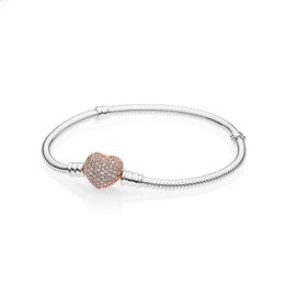 Pave Heart Clasp Snake Chain Bracelet for Pandora 925 Sterling Silver Sparkling Wedding Jewellery For Women Girlfriend Gift Hand Chain Bracelets with Original Box