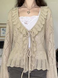 Women's Knits Gypsylady Elegant Chic Knitted Sweater Cardigan Beige Hollow Out Slim Women Autumn Spring V-neck Ruffles Ladies Tops