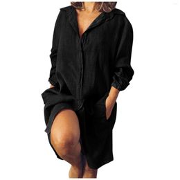 Casual Dresses Women Cotton And Linen Shirt Dress Button Down V-Neck Long Sleeve With Pocket Knee Length Chic Side Lace-Up Mini