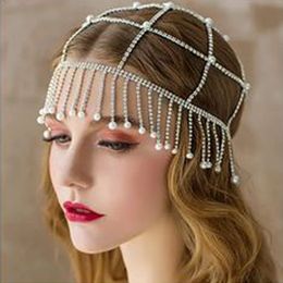 Festive Rhinestone Pearls Tassel Headwear Long Hair Chain Design Full Diamond Hairband Accessories Party Chain Fairy Girl