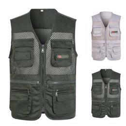 Men's TShirts Sleeveless Loose Straight Vest Solid Color Mesh Plus Size Multi Pockets Casual Summer Fishing Waistcoat for Outdoor 230227