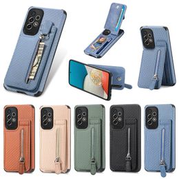 Luxury Leather Zipper Carbon Fibre Cases For Samsung A53 A33 A23 A73 A52S A72 S23 S22 Ultra S21 S20 note20 plus Magnetic Stand Card Solt Cover iphone 14 13 12 11 pro max