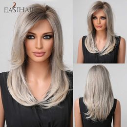 Synthetic Wigs Easihair Medium Length Blonde Silvery Synthetic Wigs Women's Side Part Daily Cosplay Africa American Heat Resistant 230227