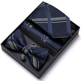 Neck Ties Wholesale New Design Gift Holiday Tie Bowtie Hanky Cufflinks set for Men Silk Gold Brown Floral Necktie Gravate Handkerchief J230227